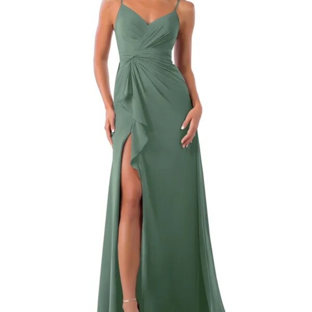 Azazie Full Length Gown in Eucalyptus Color, Size 4